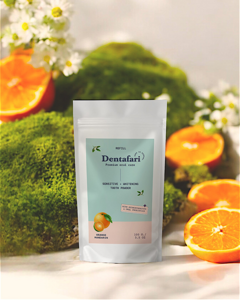 Probiotisches Zahnpulver Refill empfindliche Zähne + Zahnaufhellung Orange-Mandarine 100 gr.