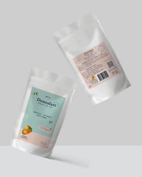 Probiotisk tandpulver refill følsomme tænder + tandblegning orange-mandarin 100 gr.