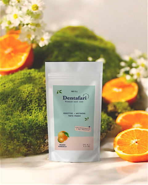 Probiotisk tandpulver refill følsomme tænder + tandblegning orange-mandarin 100 gr.